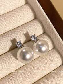 High Quality Handmade Earrings, Button Pearl Earrings, 925 Sterling Silver Plated Columnar Earrings With Cubic Zirconia, Hypoallergenic Pearl Earrings, Bridal Wedding, Birthday Gift For Women - Silver - View 8