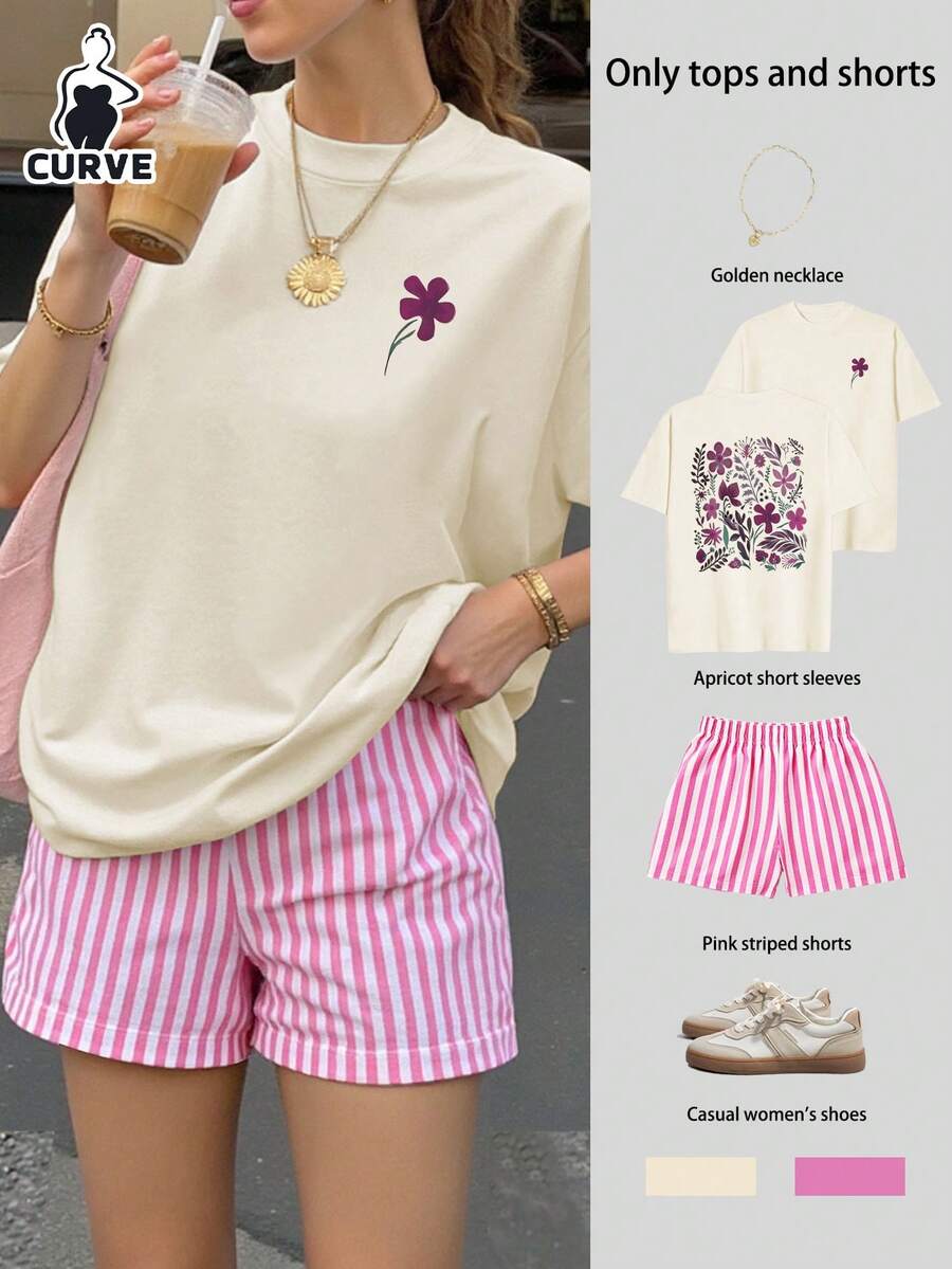 Bộ đồ 2 mảnh cỡ lớn gồm áo thun tay ngắn dáng rộng in hoa và quần short kẻ sọc, trang phục mùa hè cho nữ, phong cách đi biển, trang phục nghỉ mát tối giản. - Màu be - Xem 1