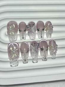 Bộ 10 miếng dán móng tay hình hoa Paulownia 3D mùa xuân, móng giả mắt mèo màu tím và hồng bóng, móng giả hình cánh bướm ngọc trai hình bầu dục (1 miếng dán dạng thạch + 1 dũa móng) - Màu tím hoa cà - Xem 1