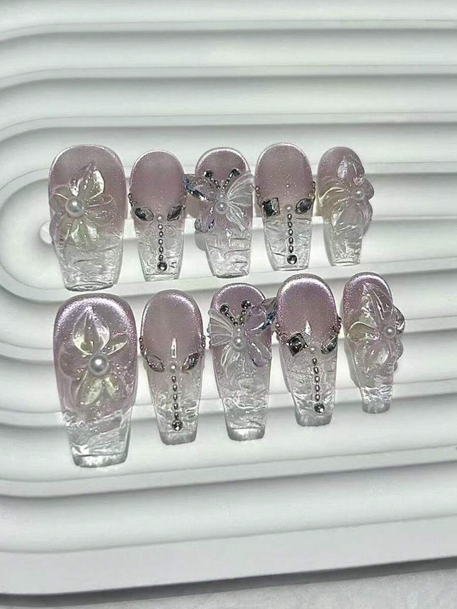Bộ 10 miếng dán móng tay hình hoa Paulownia 3D mùa xuân, móng giả mắt mèo màu tím và hồng bóng, móng giả hình cánh bướm ngọc trai hình bầu dục (1 miếng dán dạng thạch + 1 dũa móng) - Màu tím hoa cà - Xem 1