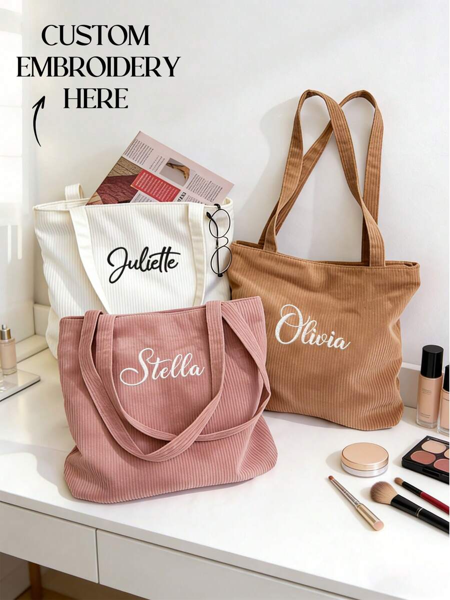 Customized Embroidered Corduroy Handbag, Personalized Bridesmaid Gift, Embroidered Shoulder Bag, Zipper Pouch, Tote Bag - Multicolor - View 1