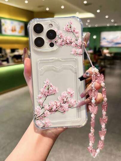 Painted Pink Magnolia Flower Beaded Bracelet Transparent Card Slot Simple Fashion Shockproof Phone Case Compatible With IPhone 17/17Pro/17ProMax/16/11/16Pro/16Plus/16ProMax/16E/15ProMax/13/14/12/XS/XR/7G/8P, Galaxy S25/S25Plus/S25 Ultra/A16/A36/A26, 11/12Pro/12/12X/13Pro/14Pro, 10/9/Note9/12C/Note11Pro/Note8Pro/9C/9A