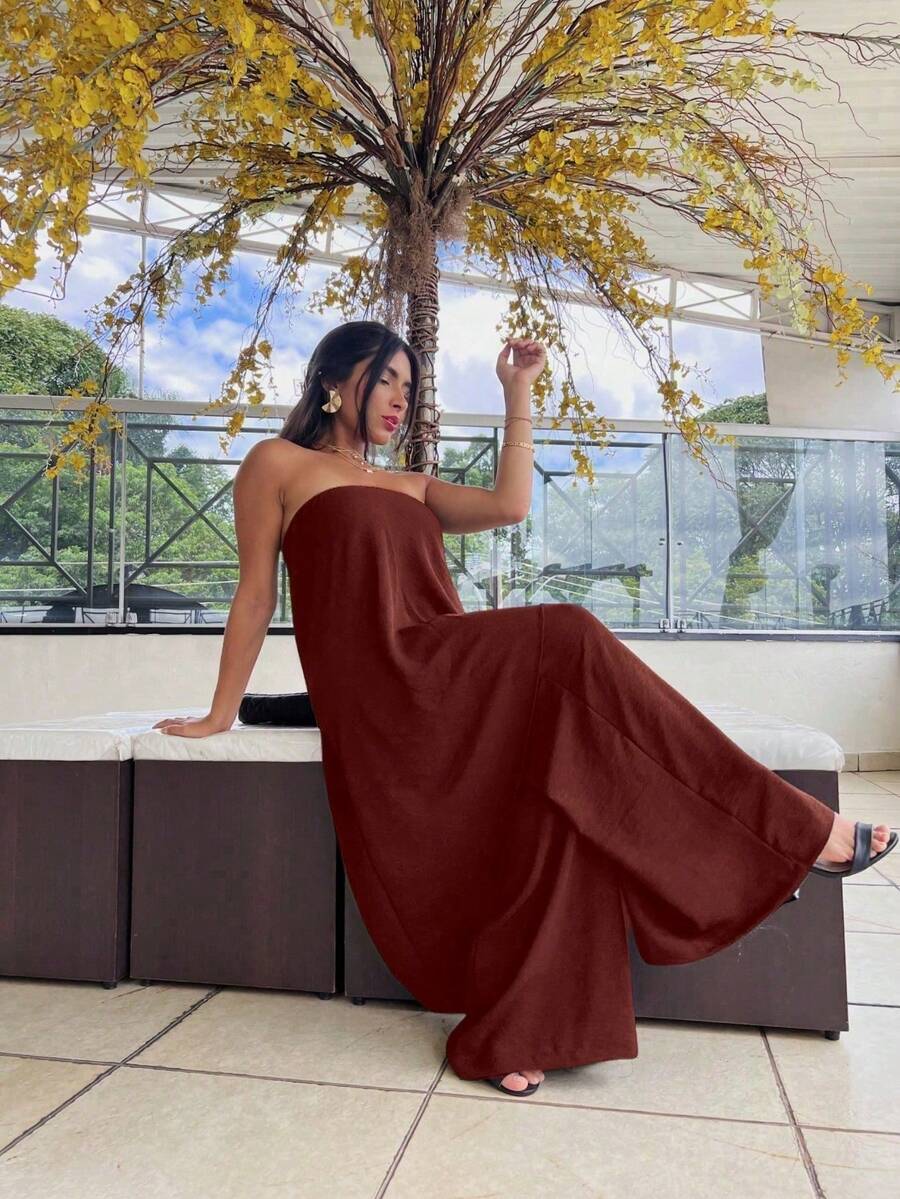 Long Romper Made Of Dune Fabric - Burgundy - View 1