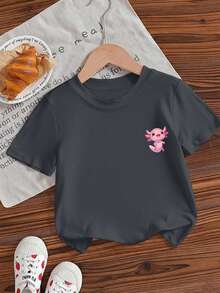 Young Girl Casual Funny Print Crew Neck Short Sleeve T-Shirt, Summer Top - Dark Grey - View 7