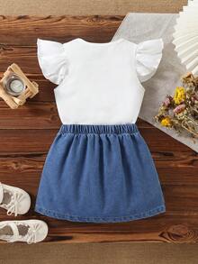 2件套女童户外休闲可爱蝴蝶结缎带透气白色条纹无袖上衣和复古甜美荷叶边蓝色牛仔裙套装，夏季 - 彩色 - 查看 2
