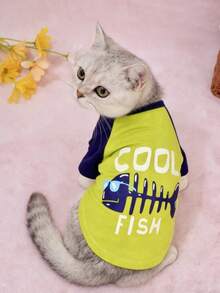 1 pieza Ropa para mascotas Camiseta de hueso de pescado delgada para Poodle pequeño/mediano, Teddy, uso en primavera/otoño para perro/gato, Camiseta raglán de pescado verde menta - Verde - Ver 4