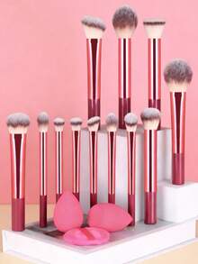 15pcs Makeup Brush Set, Including Powder Brush, Blush Brush, Highlighter Brush, Eyeshadow Brush, Lash Brush, Eyeliner Brush, Angled Makeup Sponge, Round Makeup Sponge, Round Powder Puff, Triangle Powder Puff, Triangle Makeup Sponge For Loose Powder, Liquid Foundation Mixing Makeup Sponge, Beauty Makeup Tools - Burgundy - View 1