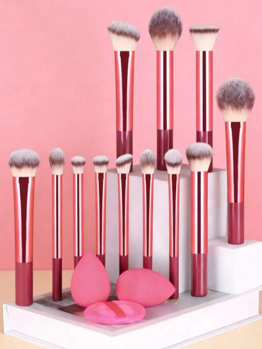 15pcs Makeup Brush Set, Including Powder Brush, Blush Brush, Highlighter Brush, Eyeshadow Brush, Lash Brush, Eyeliner Brush, Angled Makeup Sponge, Round Makeup Sponge, Round Powder Puff, Triangle Powder Puff, Triangle Makeup Sponge For Loose Powder, Liquid Foundation Mixing Makeup Sponge, Beauty Makeup Tools - Burgundy - View 1