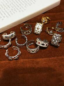 rundraw 1pc New Lace Trim Filigree Zirconia Inlaid Hollow Star Design Elegant Copper/Silver Adjustable Ring, Suitable For Parties, Banquets, Daily Wear, And As A Gift For Friends, Lovers, And Girlfriends On Holidays And Anniversaries - Multicolor - View 3