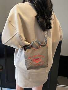 Sweet Girl Style Butterfly Embroidery Nylon Bag, Black & White Woven Strap Tote Shoulder Bag - Grey - View 4