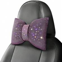 1pc Rhinestone Car Headrest Neck Pillow, Pink Driver-Specific Car Cushion, Shiny Crystal Diamond Bow Neck Support Relaxation Pillow, Women's Car Interior Accessory - Pink - View 2