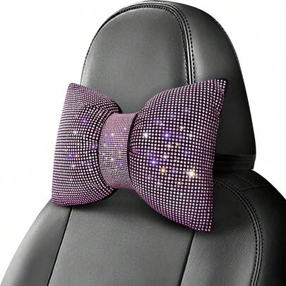 1pc Rhinestone Car Headrest Neck Pillow, Pink Driver-Specific Car Cushion, Shiny Crystal Diamond Bow Neck Support Relaxation Pillow, Women's Car Interior Accessory