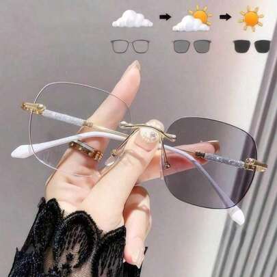 Fashionable Women's Fashion Glasses With Smooth Metal Frame And Rimless Design, Featuring Photochromic Function To Transition To Gray, Suitable For Outdoor And Daily Use