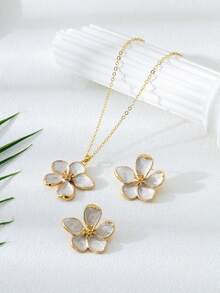 1 Set Spring/Summer New Sweet Elegant White Enamel Asymmetrical Five-Petal Flower Pendant Necklace & Matching Earrings Jewelry Set For Women - White - View 2