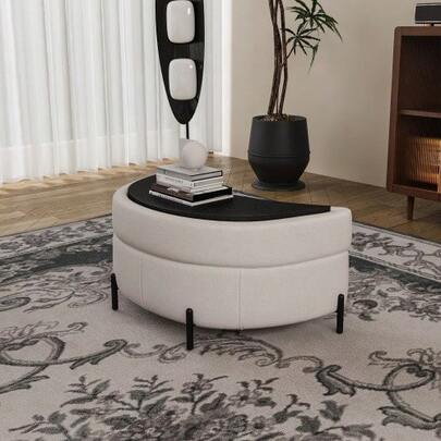 This Crescent-Shaped Storage Stool In  Fabric Comes With A Tray And Can Be Used As A Side Table, Padded Seat, Toilet Shoe Stool And Footrest For The Living Room, Xuanguan And Hallway, Beige.