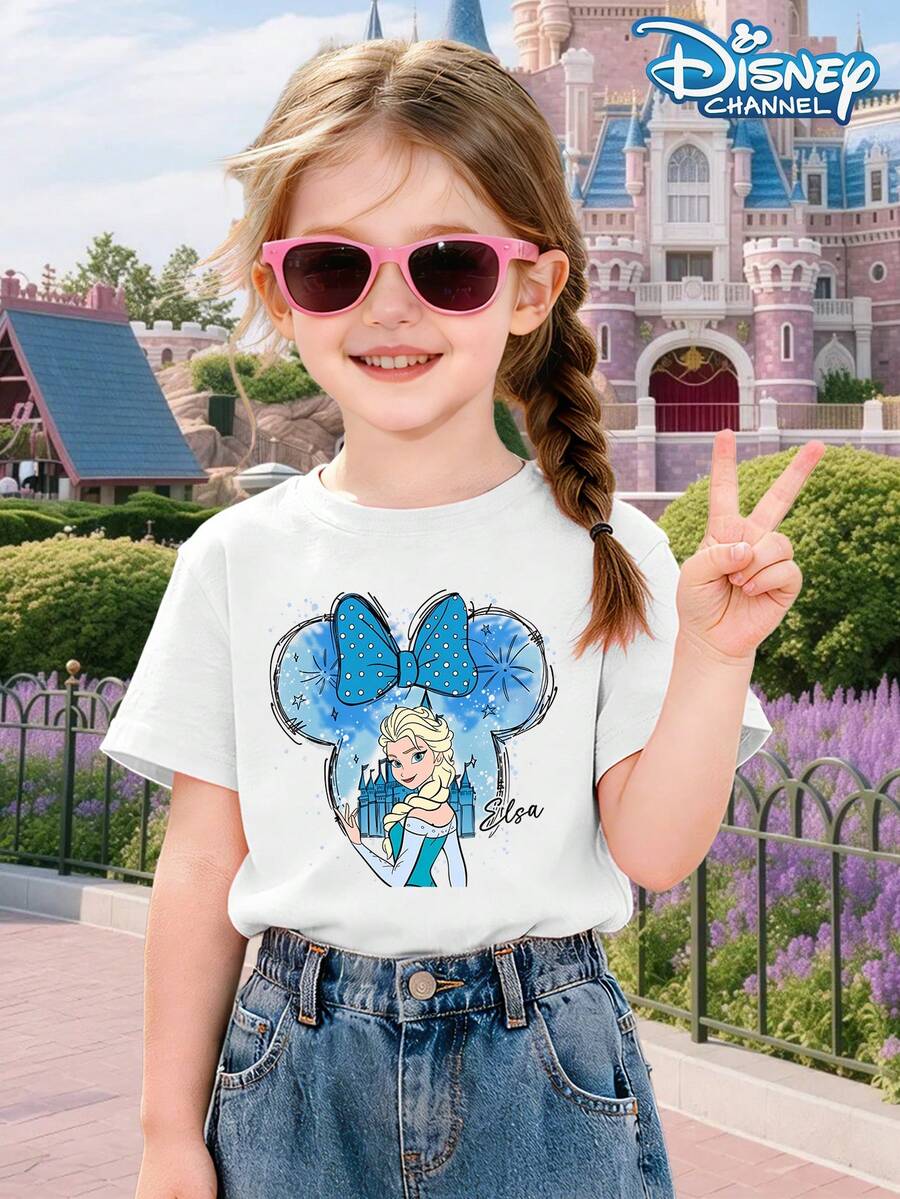 Disney Princess Top, Children's T-Shirt, Girls' Round Neck T-Shirt, Frozen Mouse Bow Print, Sweet And Fun Style, Spring And Summer, Home Leisure Amusement Park Check In, Girls' Round Neck Short Sleeve Top - trắng - Xem 1
