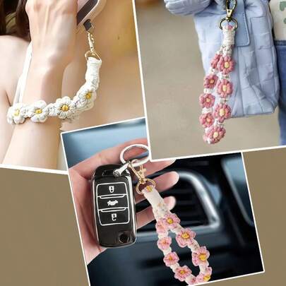 1pc Handmade Floral Woven Hanging Rope, Versatile Phone Anti-Lost Strap, Bag Charm, Car Key Chain Decor, Sweet & Fresh Style Matching Accessory