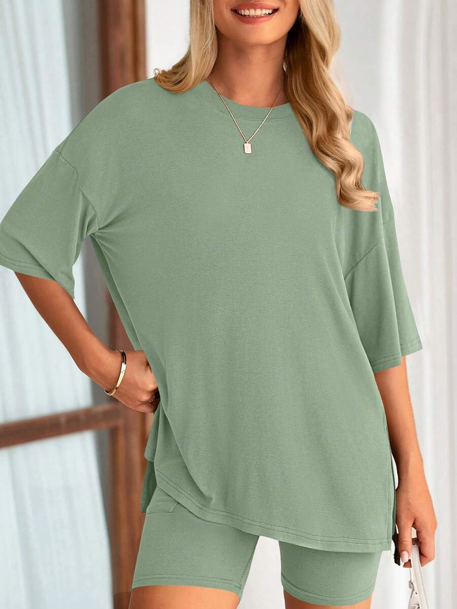 Women's Summer Clothes 2 Piece Sets Lounge Set Casual Oversized Shirts Biker Shorts Matching Airport Travel Sweatsuit Set Women Vacation Outfit Bean Green Summer Brunch Outfits For Women - 豆綠色 - 查看 1