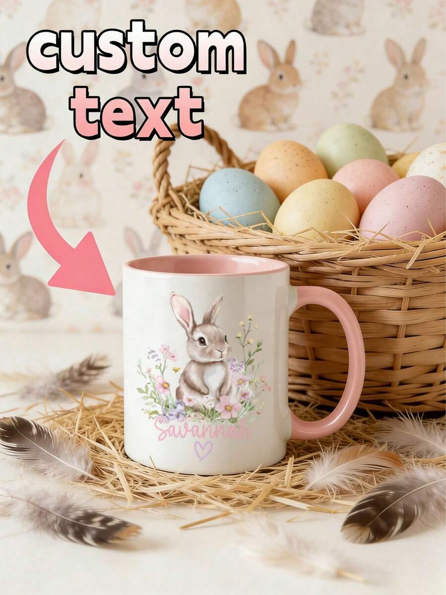Custom Name Easter Mug – Personalized Bunny Love Rabbit Design,Bunny Rabbit & Flowers, Custom Mug, Easter Gift, Perfect For Friends, Her, Animal Lovers, Valentine's Day, Coffee & Tea Time, Daily Use, Home & Office, Special Occasions - Multicolor - View 1