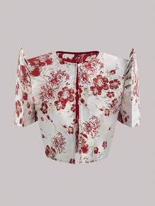 女士时尚提花泡泡袖短袖外套，红色圣诞派对提花上衣婚礼度假春季 - 紅色 - 查看 1