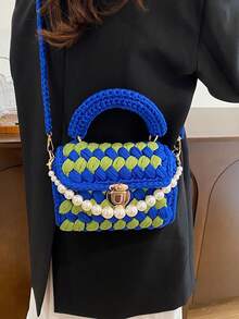 1pc Handmade Woven Punk Style Black & White Plaid Shoulder Bag, Chain Crossbody Bag, Versatile Artistic Handbag, Detachable Chain, Large Capacity Square Bag, Suitable Gift For Girlfriend Or Best Friend - Multicolor - View 6