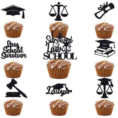 25 Pack Law School 2025 Graduation Cupcake Toppers VARACL Black Glitter Legal Theme Cake Decoration With Grad CapGavel Scales Designs For Class Of 2025 Lawyer Graduation Party Decoration Supplies