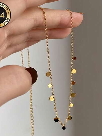 1pc 18K Gold Plated Stainless Steel Necklace With Delicate Round Pendant - Minimalist Jewelry For Women, Waterproof Gold Disc Necklace - Stainless Steel, Anti-Rust, Suitable For Beach And Daily Use, Best Gift For Girlfriend, Wife, Mother
