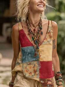 Trang phục thường ngày cho kỳ nghỉ của nữ: Áo tank top không tay cổ chữ V thiết kế tối giản phối màu cổ điển, áo kiểu vải lanh in họa tiết hoa retro Bohemian, họa tiết hoa hồng retro kết hợp với họa tiết kẻ caro trơn, quần áo mùa hè cho nữ, áo mùa hè cho nữ - Nhiều màu - Xem 2