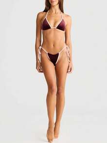 Women Halter String Bikini Set Tie Side Thong Cheeky Two Piece Swimsuits Solid Color Bathing Swimwear - Multicolor - View 6