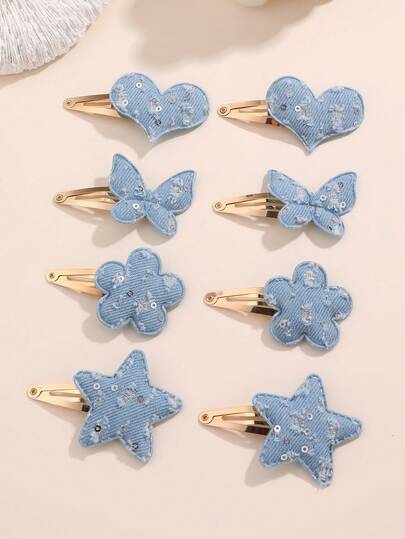 8pcs/Set Girls' Star, Heart, Flower, Butterfly Hair Clips Assorted Set, Suitable For Daily Decoration