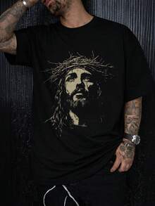 男士新款时尚嘻哈印花T恤 - 黑色 - 查看 1