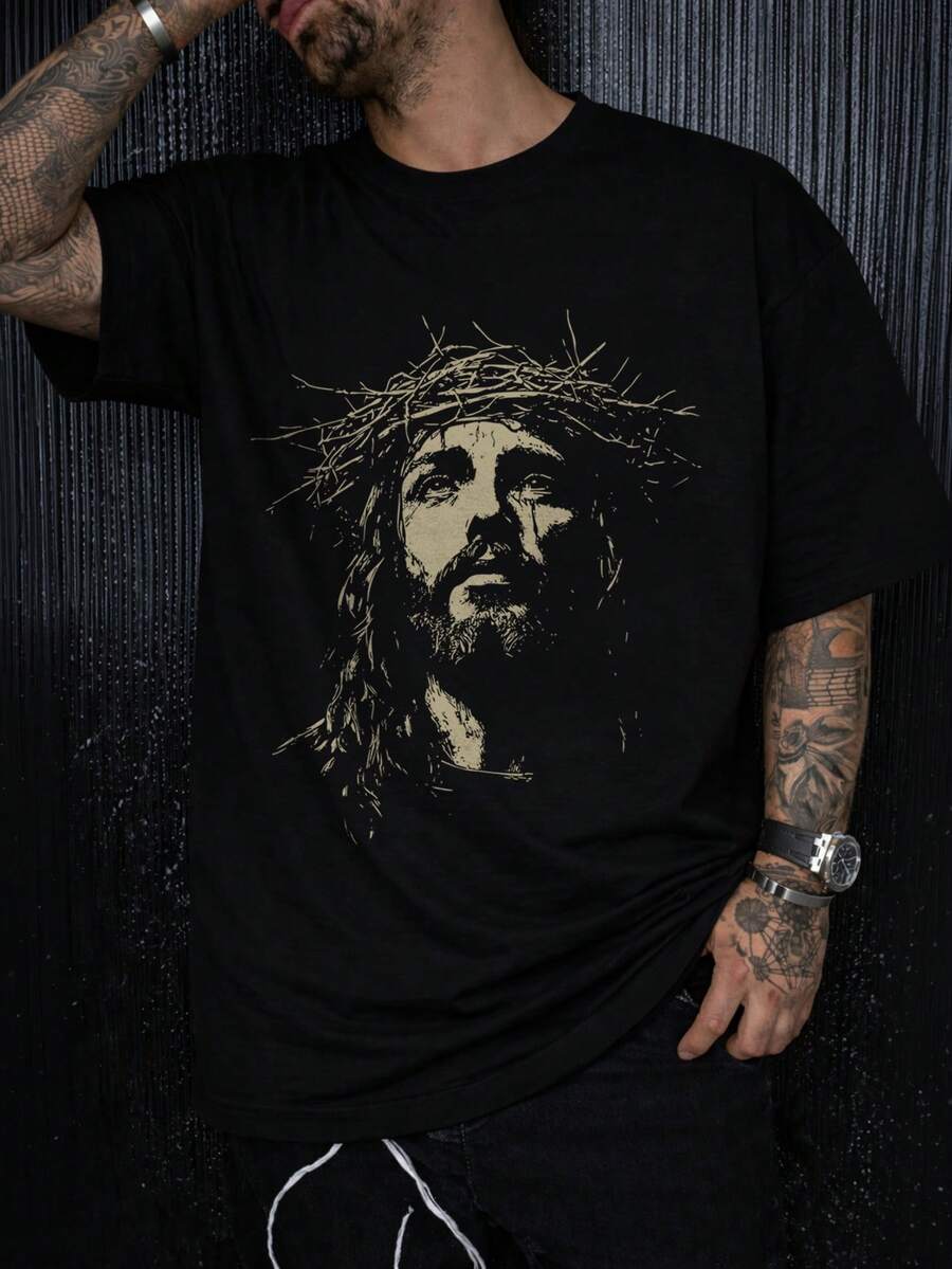 男士新款时尚嘻哈印花T恤 - 黑色 - 查看 1