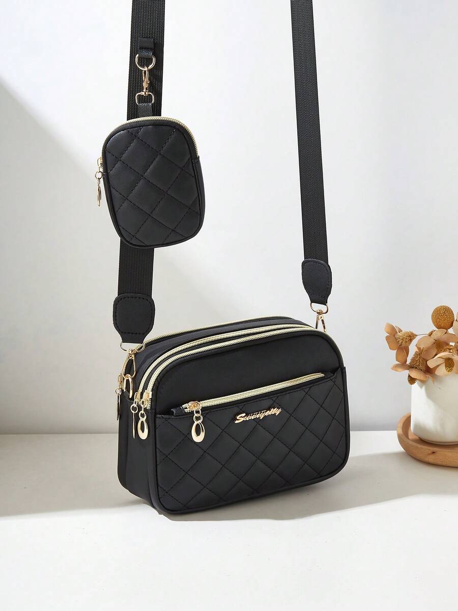 2pcs/Set Fashionable Rhombus Stitching Multilayer Crossbody Shoulder Bag & Charm Bag For Women - Black - View 1
