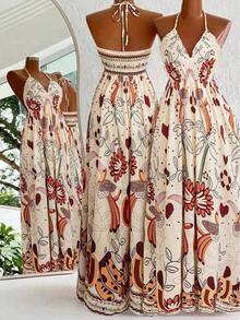 Women's Resort Floral Print Backless Drawstring Dress - 彩色 - 查看 2
