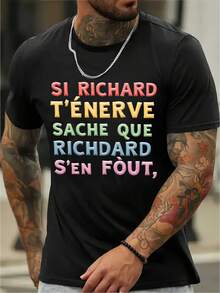 Camiseta de Verano para Hombre, 45% Algodón - Tejido Microelástico. Impresión de texto multicolor vibrante. Camiseta casual de corte regular para deportes; Ropa informal. Camisetas de algodón. Estilo de vida activo. Diseño Impreso. Tela suave. Camisa de manga corta. Hombres Activos - Negro - Ver 1