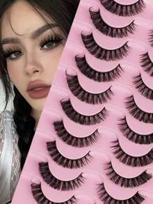 10 Pairs 5D Fluffy Natural Fox Eye Lashes, 3D Lengthening Full Strip Fake Eyelashes, Create Charming Eye Makeup, Thick And Long, Enhance Eye Contour - Black - View 1