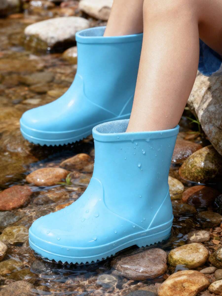HAHABOBO 兒童中性藍色純色雨靴，輕量舒適中筒防水雨鞋，適合學校、徒步、戶外旅行四季穿著