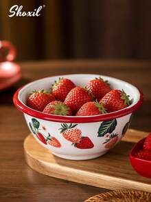 1/2pcs Strawberry Pattern Enamel Bowl, Fruit Bowl, Yogurt Bowl, Rice Bowl, Tray, Durable Enamel Material, Suitable For Home, Party, Hosting Guests, Can Be Used During Ramadan - View 2