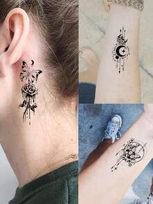 30张性感女士临时纹身贴纸，混合图案，包括黑色花卉、蝴蝶、羽毛、捕梦网和月亮设计，防水人体彩绘纹身，适用于手腕、锁骨、大腿等部位 - 非常适合派对妆容，可持续2-5天 - 黑色 - 查看 4