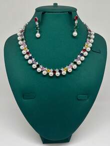4-Piece Set: Shell Pearl Copper Cubic Zirconia Bridal Jewelry Set - Necklace, Earrings, Ring, Bracelet, Middle Eastern Saudi Arabia Wedding Accessories For Women - Colorful - View 5