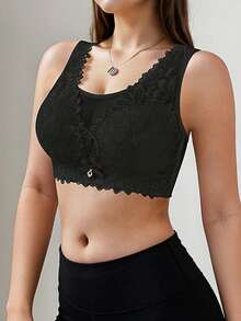 Minimalist Solid Color Floral & Lace Wireless Full Coverage Bra, Comfortable Breathable Ladies Underwear - Black - View 5