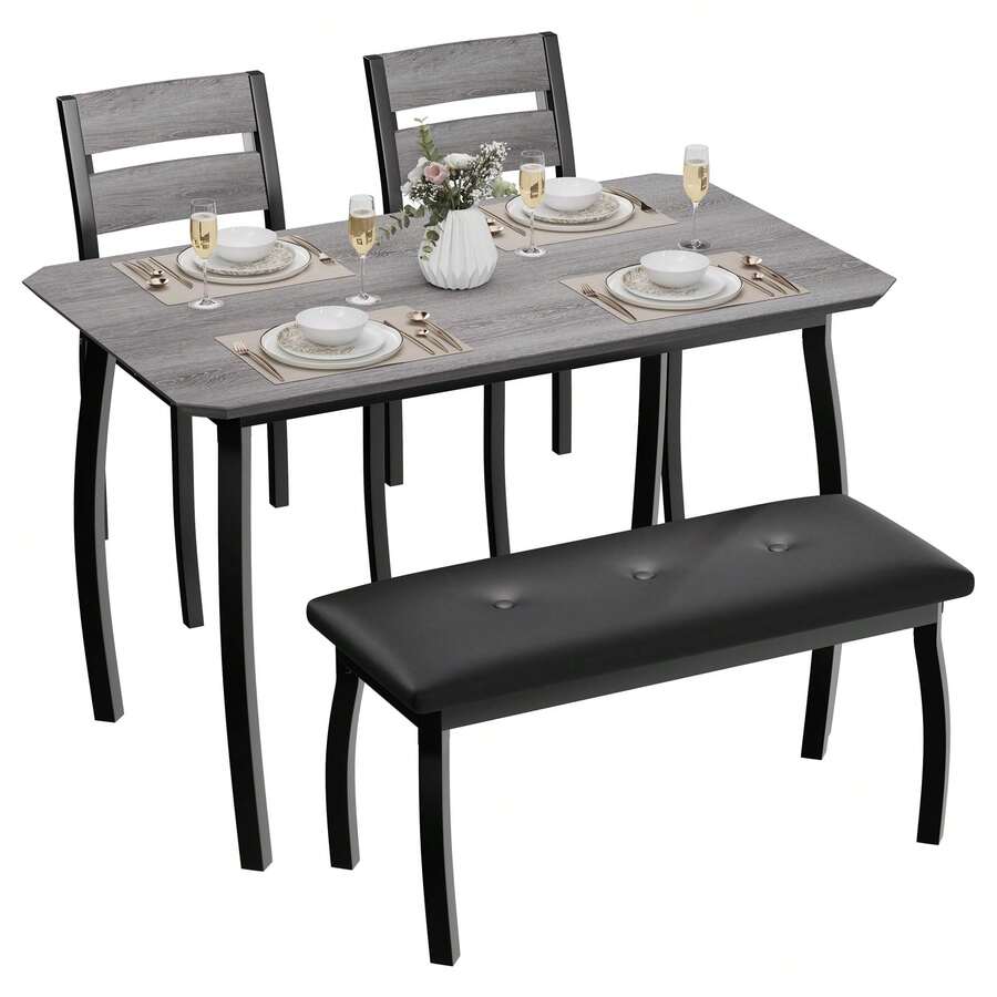Juego de mesa de comedor de 43 pulgadas para 4, mesa de cocina de madera con banco tapizado y 2 sillas cojines, juego de comedor industrial para estudio, cocina, comedor, apartamento - Gris - Ver 1