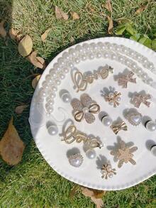 20件套珍珠花朵、海星、蝴蝶、蝴蝶结、链条鞋饰，可拆卸复古DIY仿珍珠花卉花园鞋饰，适合节日和生日派对礼物 - 金色 - 查看 9