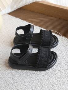 Kids Woven Open Toe Sandals, Girls Hook And Loop Closure Easy On/Off, Non-Slip Soft Bottom, Kindergarten Outdoor Casual Sandals - Black - View 3