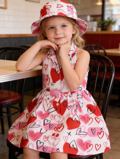 2pcs/Set Girls Casual Fashion Cute Soft Comfortable Colorful Heart Print Collar Sleeveless Princess Dress And Hat Set, Girls Dress Suit For Summer Daily Wear, Vacation, Party, Photography, Outdoor Activities
