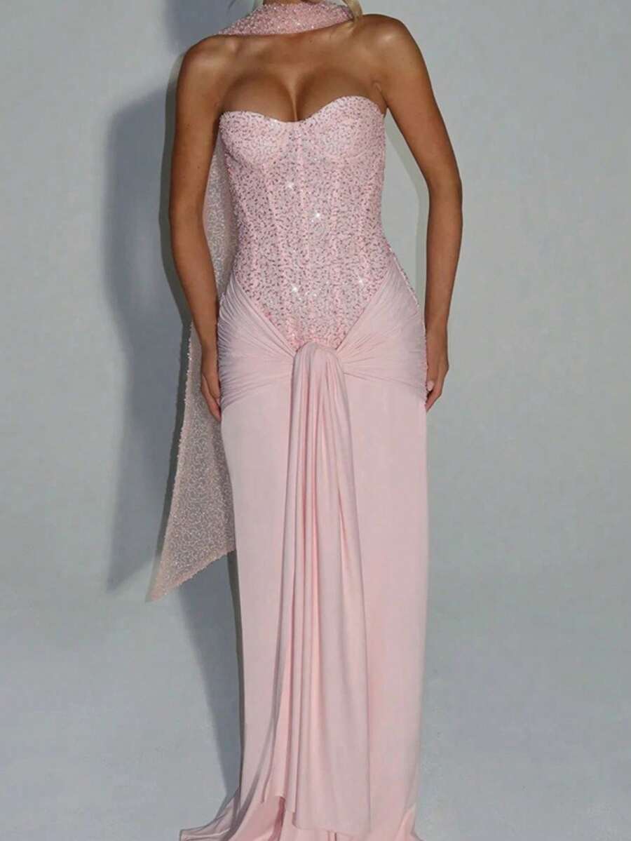 Women's Dresses European Style Sexy Hot Girl Tube Top High Waist Slim Fit Bandage Solid Color Dress Wedding Party - 粉色 - 查看 1