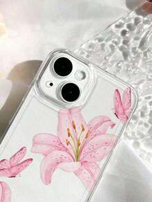 1pc Flower Phone Case 2pc Ins Style Pink Flower Lily Butterfly Pattern Transparent Soft Phone Case Compatible With  11/12/13/14/15/16 Pro MaxFOR-YOUR-BELOVED-PHONE Christmas Gifts Christmas Giftsphone Cases  Case Summer  17 Pro Max Case  17 Case - 1pc - 查看 4