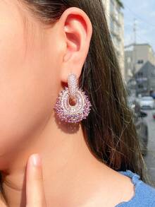 1 par de pendientes colgantes largos y grandes de circonita cúbica de lujo en color morado y rosa para bodas y fiestas - Morado - Ver 2