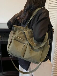 1个绿色多口袋实用手提包，简约时尚轻便大容量女士单肩包，学院风设计，适合中小学生/大学生，拉链封口休闲手提包，百搭纯色手提包，易于搭配各种服装，适合通勤和旅行 - 墨綠色 - 查看 3