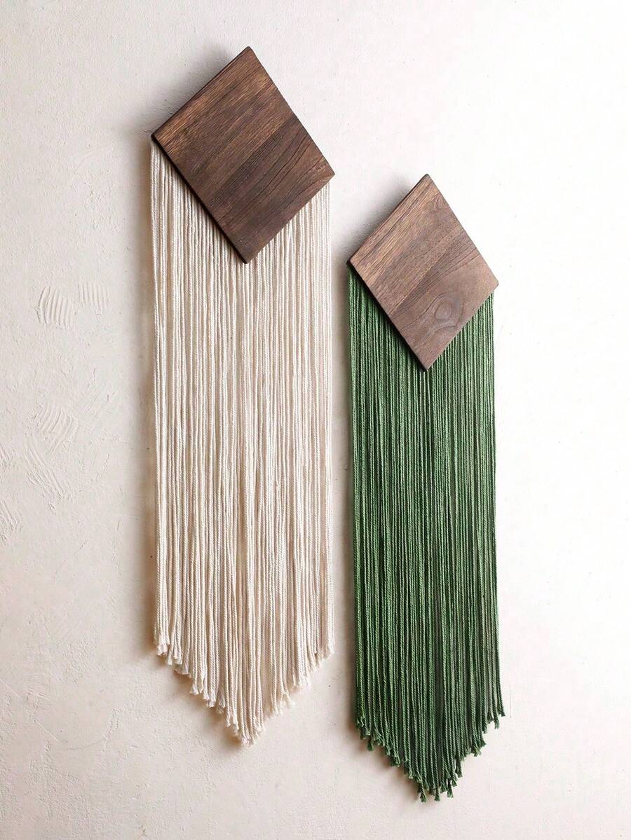 1件87厘米/34.25英寸手工菱形木质流苏挂毯，绿色波西米亚风格编织墙饰，适用于公寓、宿舍、客厅、卧室 - 彩色 - 查看 1